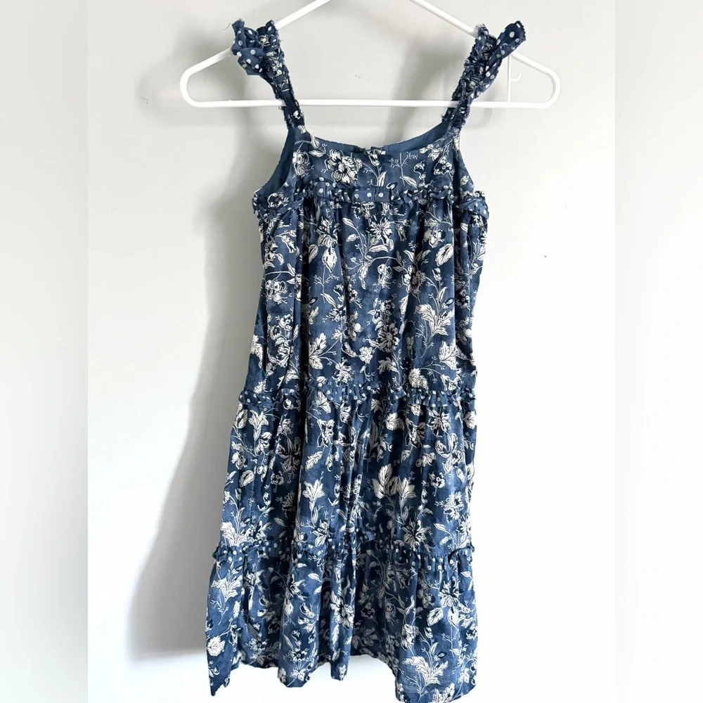 GAP Girls Blue & White Floral Tiered Sundress Ruffle Strap Sleeveless-Size Small